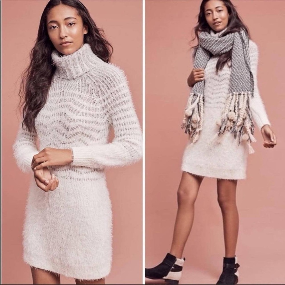 Anthropologie Sleeping On Snow Off White Fuzzy Soft Turtleneck Sweater Dress M